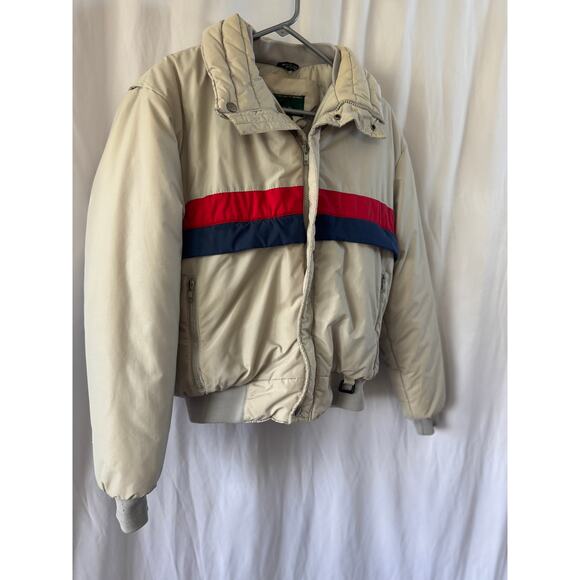 Quail Run Vintage Puffer Coat – Beige with Red and Navy Stripe – Size Medium - Picture 3 of 16